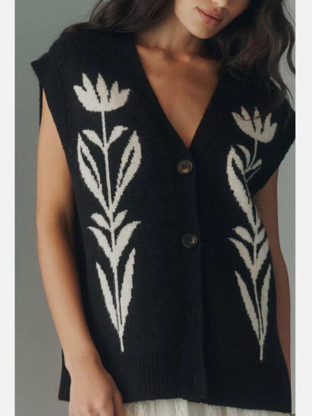 By Anthropologie Button-Front Sweater Vest Cardigan Black Floral Size L NWT - Picture 3 of 6